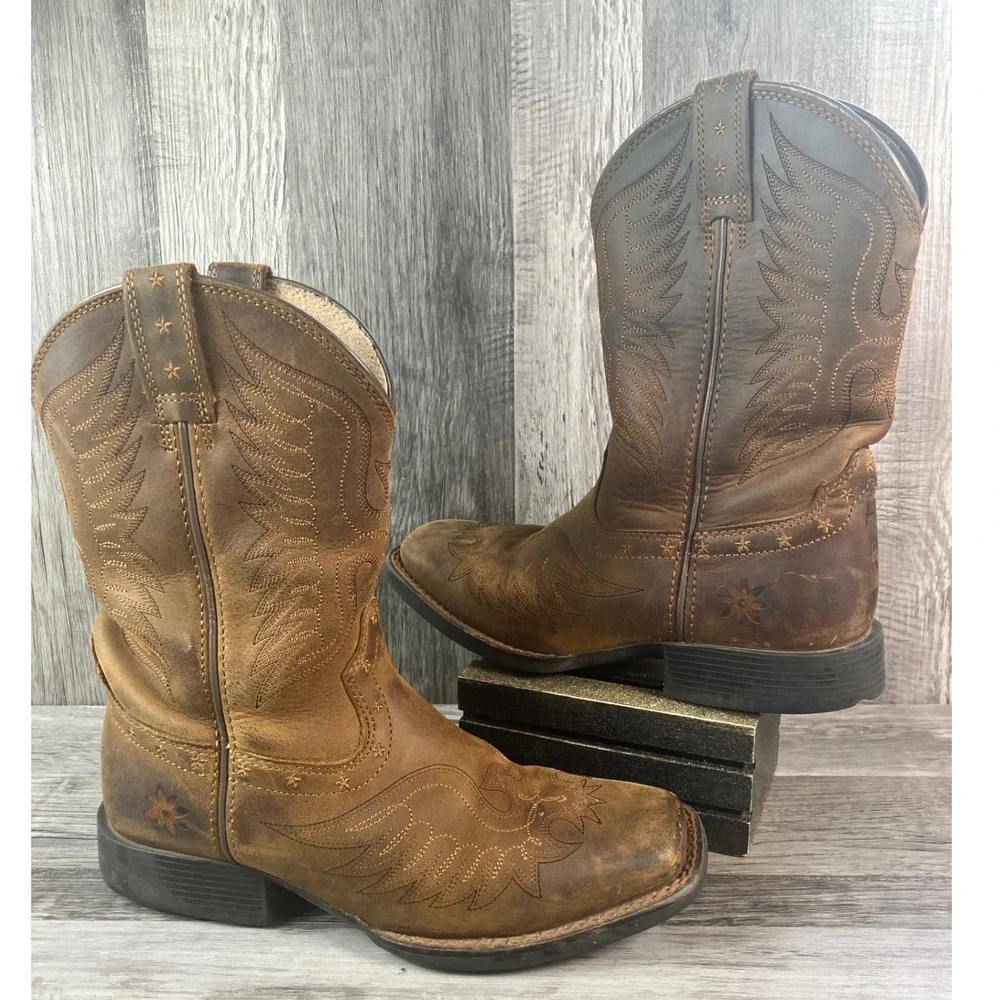 Ariat Kids Brown Leather Western Cowboy Boots Square Toe 10017313 Size 1 US